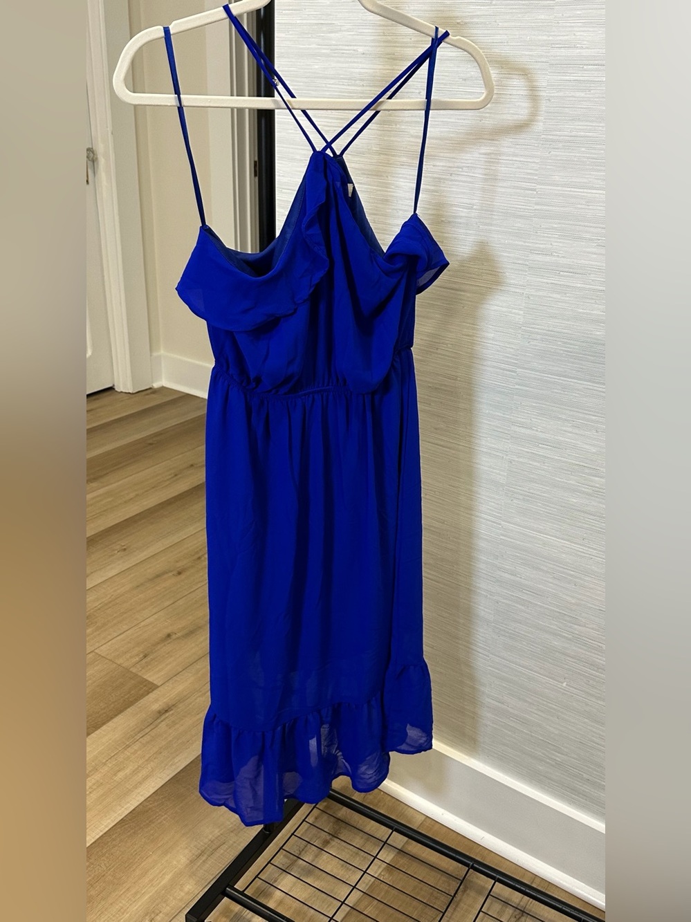 Ruffle-Trim Strappy Midi Dress in Royal Blue